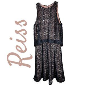 NWT REISS Remi Tiered Black Lace Pink Lined Crochet Sleeveless Cocktail Dress, 4